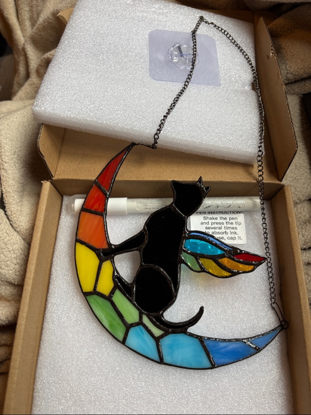 Stained Glass Cat on Crescent Moon Suncatcher - Black Cat with Multicolor Moon